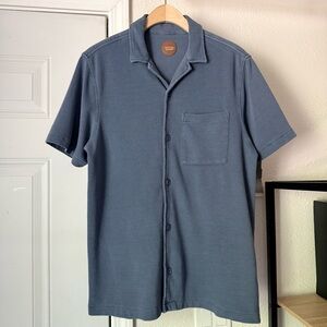 COMMON PEOPLE blue rib ribbed knit cotton blend short sleeve button up shirt
